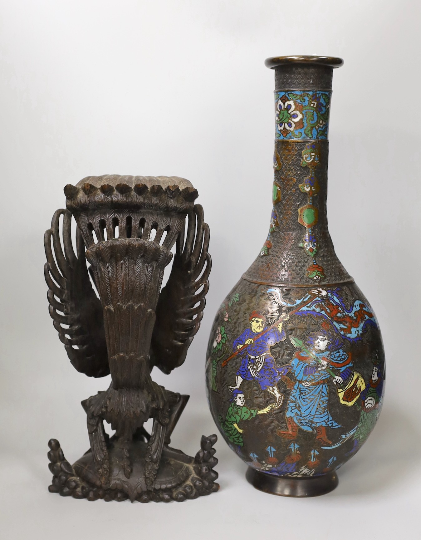 A large Japanese enamelled bronze vase and a Balinese wood carving. Tallest 44cm